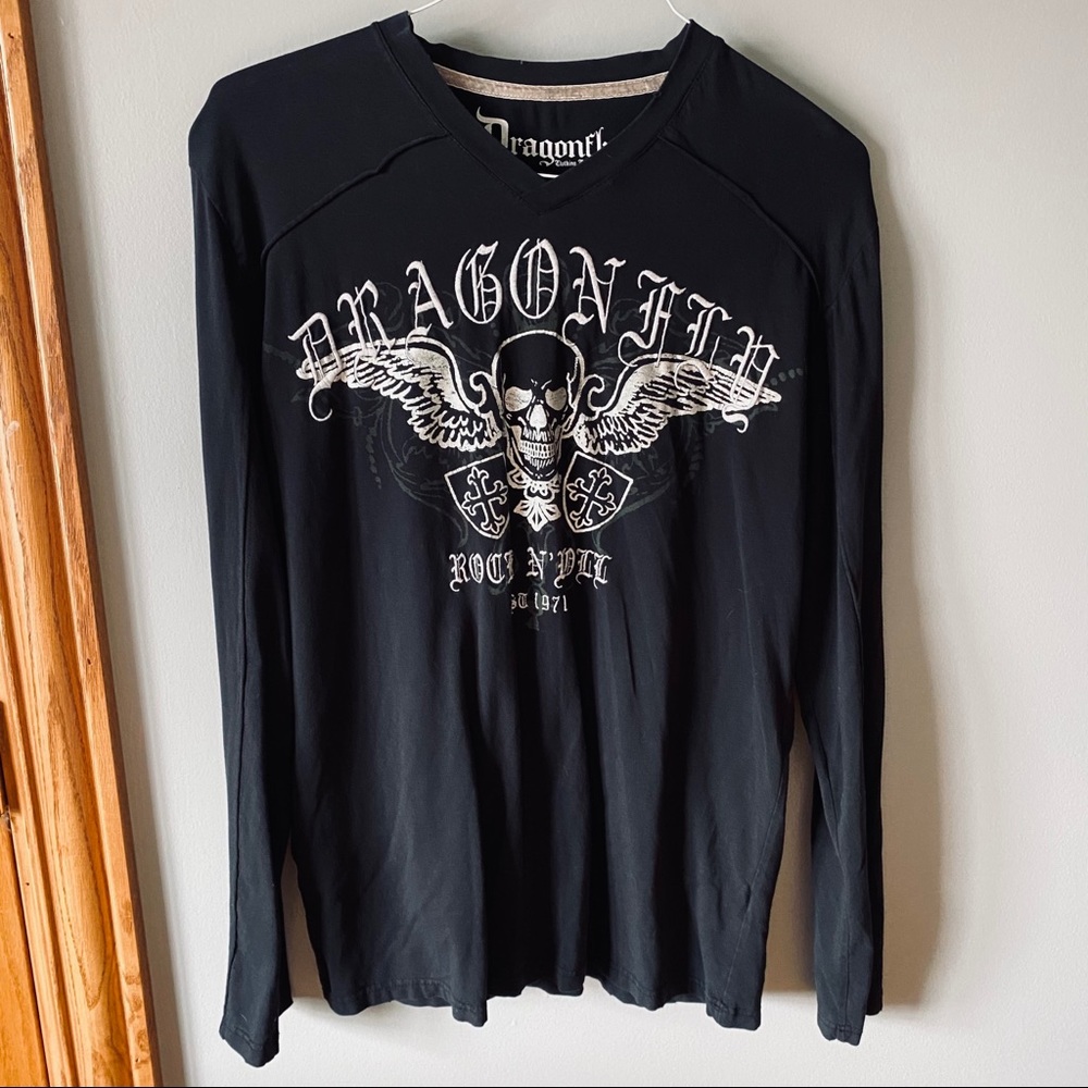 Dragonfly Black Long Sleeve Graphic V-Neck Top